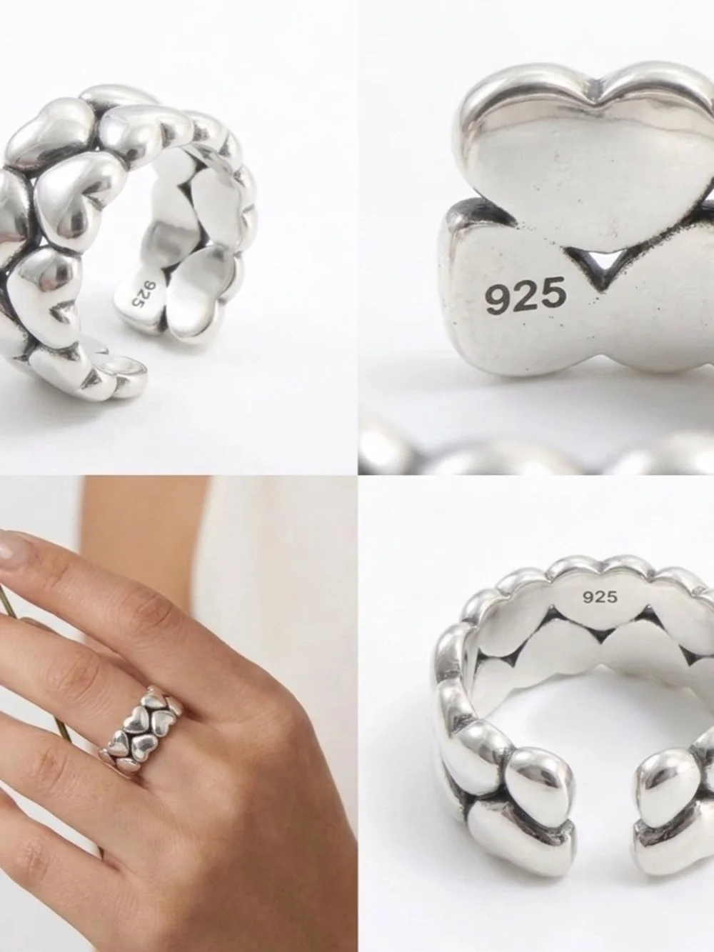 925 Sterling Silver Puffy Heart Open Band Ring | Chunky Heart Adjustable Ring - Picture 3 of 5
